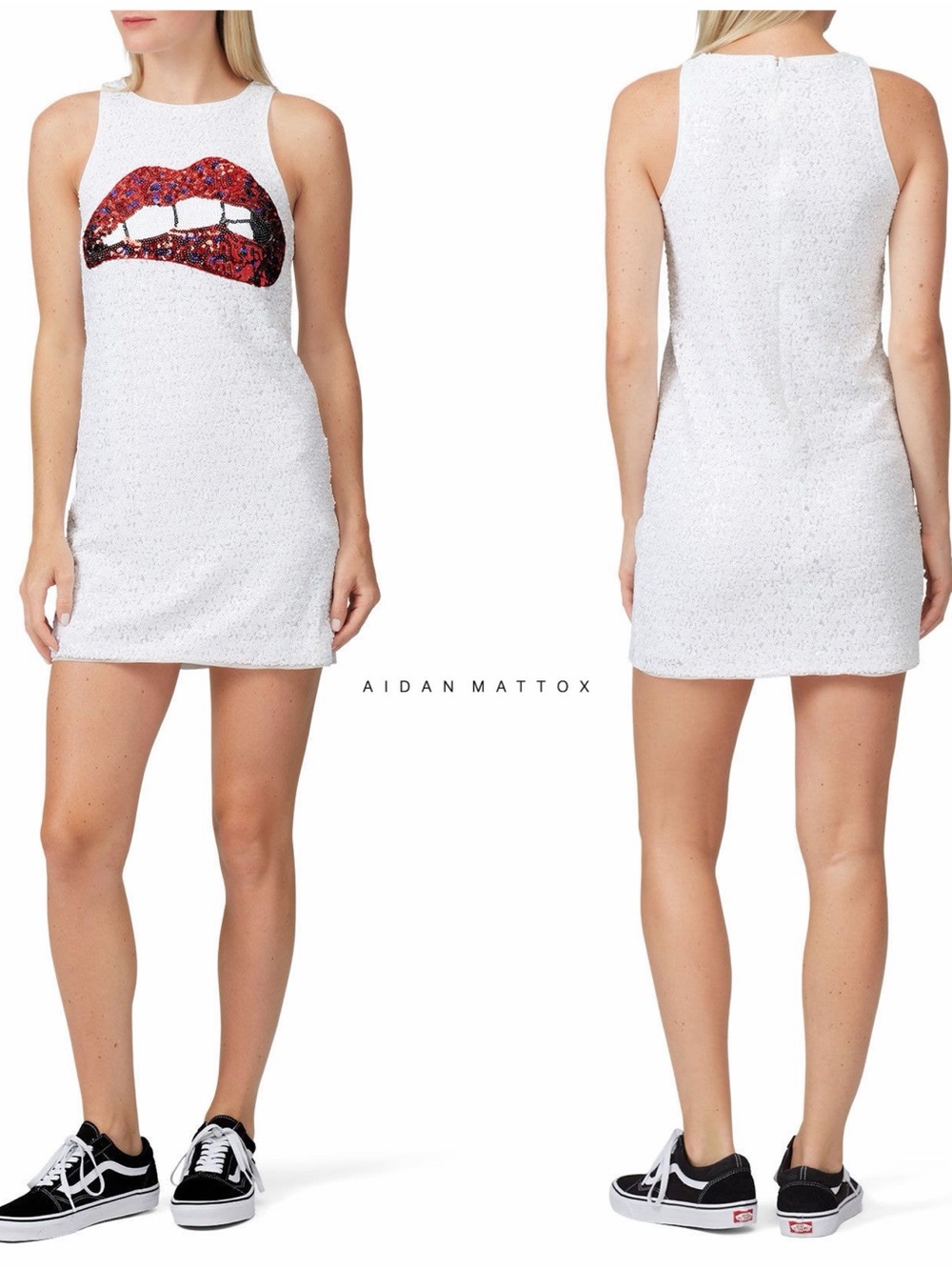 Like New - Aidan Mattox Appliqué Sequin Shift Dress with Red Lips (L / US 14)
